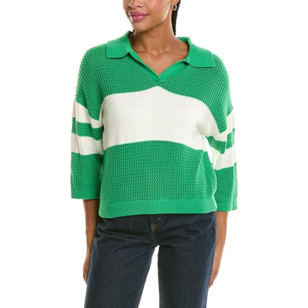 525 America Womens Johnny Collar Mesh Rugby Sweater, Green